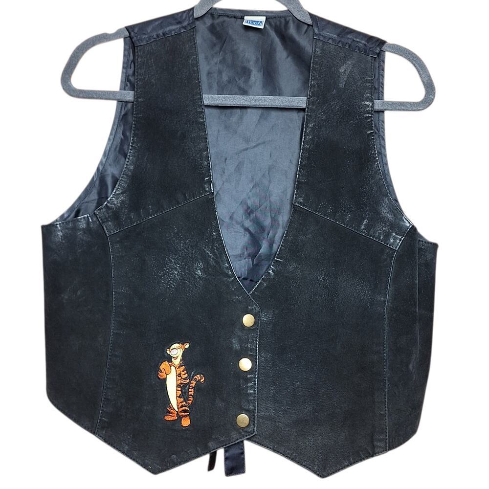 Vintage 90s Winnie the pooh suede Tigger patch Button down vest black satin